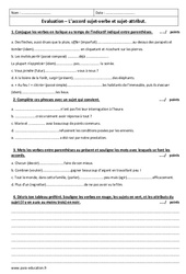 Sujet-attribut - Accord sujet-verbe - 5ème - Evaluation - PDF à imprimer