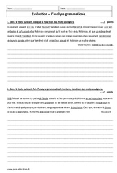 Analyse grammaticale - 5ème - Evaluation  - PDF à imprimer