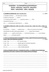 Homophones grammaticaux - 5ème - Evaluation - Bilan - PDF à imprimer