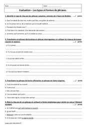 Types et formes de phrases - 4ème - Contrôle - PDF à imprimer