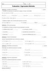 Expressions littérales - 5ème - Contrôle - PDF à imprimer