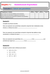 Calculs sans parenthèses - 5ème - Evaluation, bilan, contrôle avec la correction - Enchaînements d'opérations - PDF à imprimer
