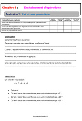 Calculs avec parenthèses - 5ème - Evaluation, bilan, contrôle avec la correction - Enchaînements d’opérations - PDF à imprimer