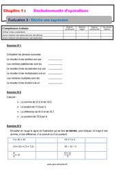 Décrire une expression – 5ème – Evaluation, bilan, contrôle avec la correction – Enchaînements d’opérations - PDF à imprimer