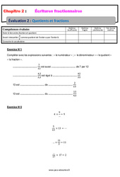 Quotients et fractions – 5ème – Evaluation, bilan, contrôle avec la correction – Écritures fractionnaires - PDF à imprimer