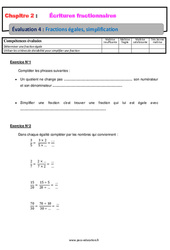 Fractions égales, simplification – 5ème – Evaluation, bilan, contrôle avec la correction – Écritures fractionnaires - PDF à imprimer