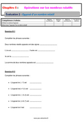 Opposé d’un nombre relatif – 5ème – Evaluation, bilan, contrôle avec la correction - PDF à imprimer