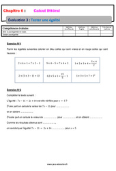 Tester une égalité – 5ème – Calcul littéral – Evaluation, bilan, contrôle avec la correction