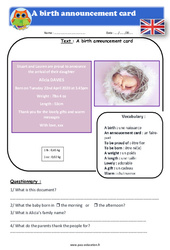 A birth announcement card - Cm1 - Cm2 - Anglais - Lecture - Level 4 - PDF à imprimer