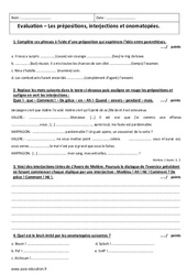 Prépositions, interjections et onomatopées - 4ème - Contrôle  - PDF à imprimer