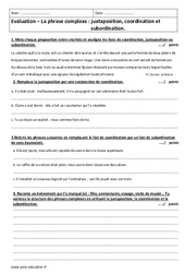Phrase complexe - Juxtaposition, coordination et subordination - 3ème - Contrôle - PDF à imprimer