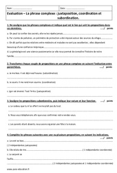 Juxtaposition, coordination et subordination - 3ème - Evaluation sur la phrase complexe - PDF à imprimer
