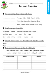 Les mots étiquettes – Ce1 – Étude de la langue – Exercices avec les corrigés - PDF à imprimer