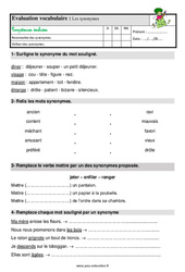 Les synonymes – Ce1 – Étude de la langue – Evaluation avec la correction - PDF à imprimer