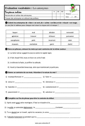Les antonymes – Ce2 – Étude de la langue – Evaluation avec la correction - PDF à imprimer