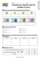 Connaître les relations entre centimes et euros – Ce2 – Exercices avec les corrigés