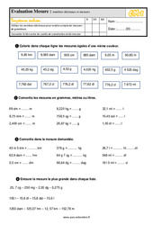 Les nombres décimaux et mesures - Cm1 - Évaluation, bilan - PDF à imprimer