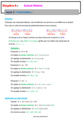 Factorisation - 4ème - Calcul littéral - Cours - PDF à imprimer