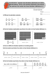 Ecrire une fraction décimale sous forme de somme d’un entier et d’une fraction inférieure à 1 - Exercices, révisions  - Cm1 - Cm2 - PDF à imprimer