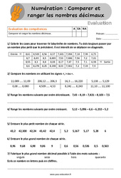 Comparer et ranger les nombres décimaux - Évaluation, bilan au Cm1 et Cm2 avec la correction - PDF à imprimer