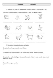Animaux - Cat, Chick, Cock, Cow, Dog, Duck, Goat, Horse, Llama, Pig, Rabbit,  Sheep. - Ce2 - Cm1 - Cm2 - Exercices - Anglais - Cycle 3 - PDF à imprimer