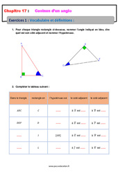Vocabulaire et définitions - 4ème - Révisions - Exercices avec correction sur le cosinus d’un angle - PDF à imprimer