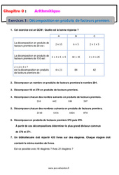 Décomposition en produits de facteurs premiers - 5ème - Révisions - Exercices avec correction - Arithmétique - PDF à imprimer