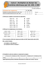 Multiplier et diviser les décimaux par 10, 100, 1000 - Évaluation, bilan au Cm1 et Cm2 avec la correction - PDF à imprimer