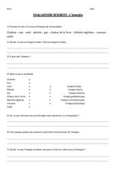 L'énergie  - Evaluation - Cm1 Cm2 - PDF à imprimer