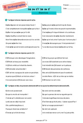 Homophones grammaticaux (ce ou c' se ou s') – Exercices d'orthographe pour la 6ème - PDF à imprimer