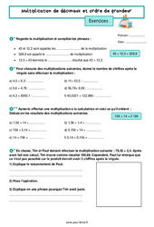 Multiplication de décimaux et ordre de grandeur – Exercices de nombres et calculs pour la 6ème - PDF à imprimer