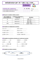 Multiplication par 10 / 100 / 0,1 / 0,01 – Evaluation de nombres et calculs pour la 6ème - PDF à imprimer
