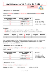 Multiplication par 10 / 100 / 0,1 / 0,01 – Cours de nombres et calculs pour la 6ème - PDF à imprimer