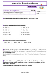 Soustraction de nombres décimaux – Evaluation de nombres et calculs pour la 6ème - PDF à imprimer
