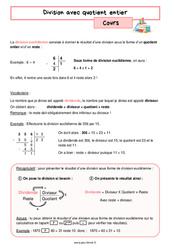 Division avec quotient entier – Cours de nombres et calculs pour la 6ème - PDF à imprimer
