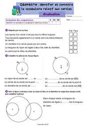 Identifier et connaitre le vocabulaire relatif aux cercles – Évaluation de géométrie pour le ce2 - PDF à imprimer