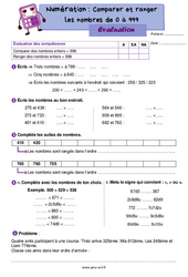 Comparer et ranger les nombres de 0 à 999 – Évaluation de numération pour le ce2 - PDF à imprimer