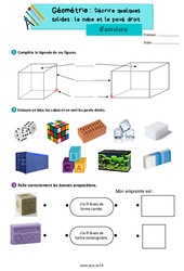 Décrire quelques solides le cube et le pavé droit – Exercices de géométrie pour le ce2 - PDF à imprimer