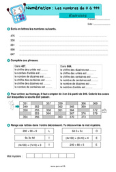 Les nombres entiers de 0 à 999 – Exercices de numération pour le ce2 - PDF à imprimer