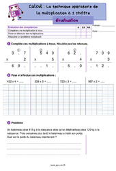 La technique opératoire de la multiplication à 1 chiffre – Évaluation de calcul pour le ce2 - PDF à imprimer