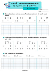 La technique opératoire de la multiplication à 1 chiffre – Exercices de calcul pour le ce2 - PDF à imprimer