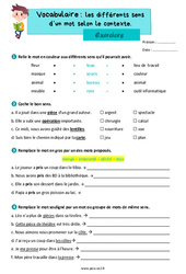 Les différents sens d’un mot selon le contexte – Exercices de vocabulaire pour le ce2 - PDF à imprimer