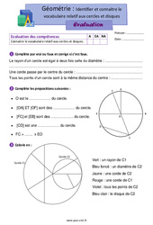 Identifier et connaitre le vocabulaire relatif aux cercles et disques – Évaluation de géométrie pour le cm1 - PDF à imprimer