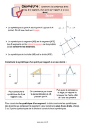 Construire le symétrique d'une droite, d’un segment, d’un point par rapport à un axe donné – Leçon de géométrie pour le cm1 - PDF gratuit à imprimer