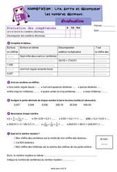 Lire, écrire et décomposer les nombres décimaux – Evaluation de numération pour le Cm1 - PDF à imprimer