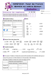 Passer des fractions décimales aux nombres décimaux et inversement – Evaluation de numération pour le Cm1 - PDF à imprimer