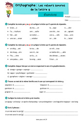 Les valeurs sonores de la lettre g – Exercices d'orthographe pour le cm1 - PDF à imprimer