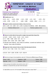Comparer, ranger les nombres décimaux – Evaluation de numération pour le Cm1 - PDF à imprimer