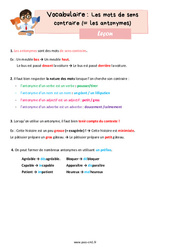Les mots de sens contraire (= les antonymes) – Leçon de vocabulaire pour le cm1 - PDF gratuit à imprimer