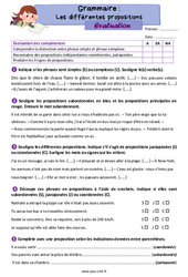 Les différentes propositions (subordonnées, juxtaposées, coordonnées) - Évaluation de grammaire pour le cm2 - PDF à imprimer
